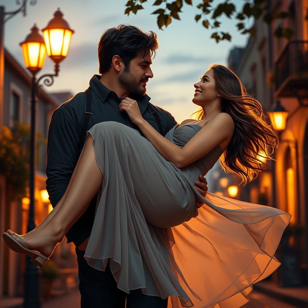 A romantic scene depicting a strong man carrying a beautiful woman in his arms, walking through a softly lit street at twilight