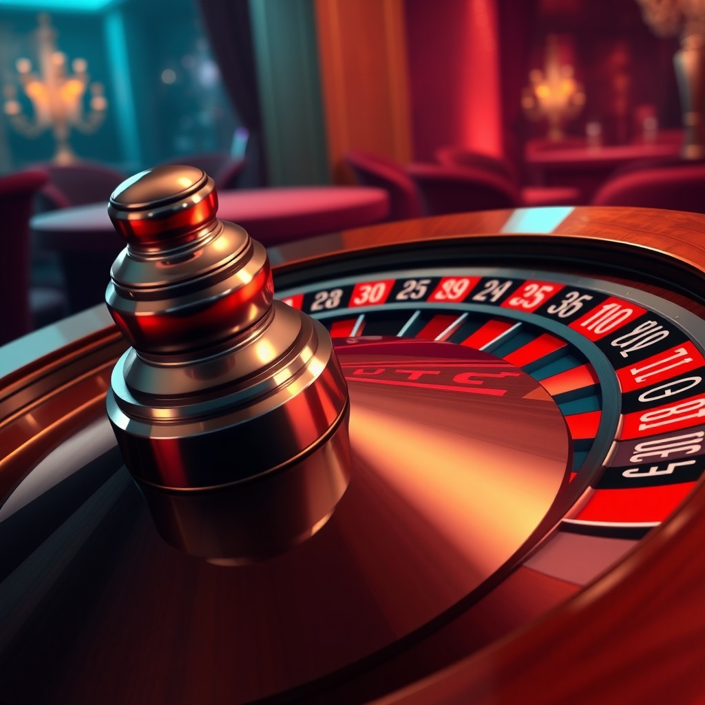A detailed illustration of a European roulette wheel, featuring the classic red and black numbered slots, a shiny metallic ball resting near the numbers, and a rich wooden base