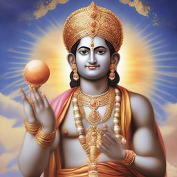 Lord Narayan, the Hindu deity, in his traditional attire, holding a shankh (conch shell) in his hand, standing against a serene celestial backdrop.