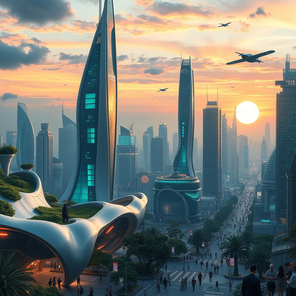 A futuristic cityscape featuring advanced bionic technology integrated into architecture, with sleek, shiny structures resembling organic forms and interwoven with greenery
