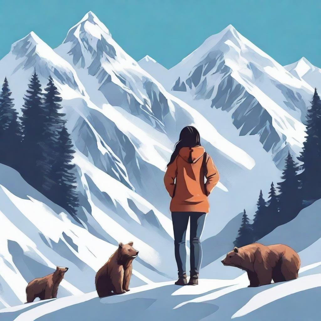 A bold girl standing confidently between two towering, snow-capped mountains with a few majestic bears lingering peacefully in the surroundings.