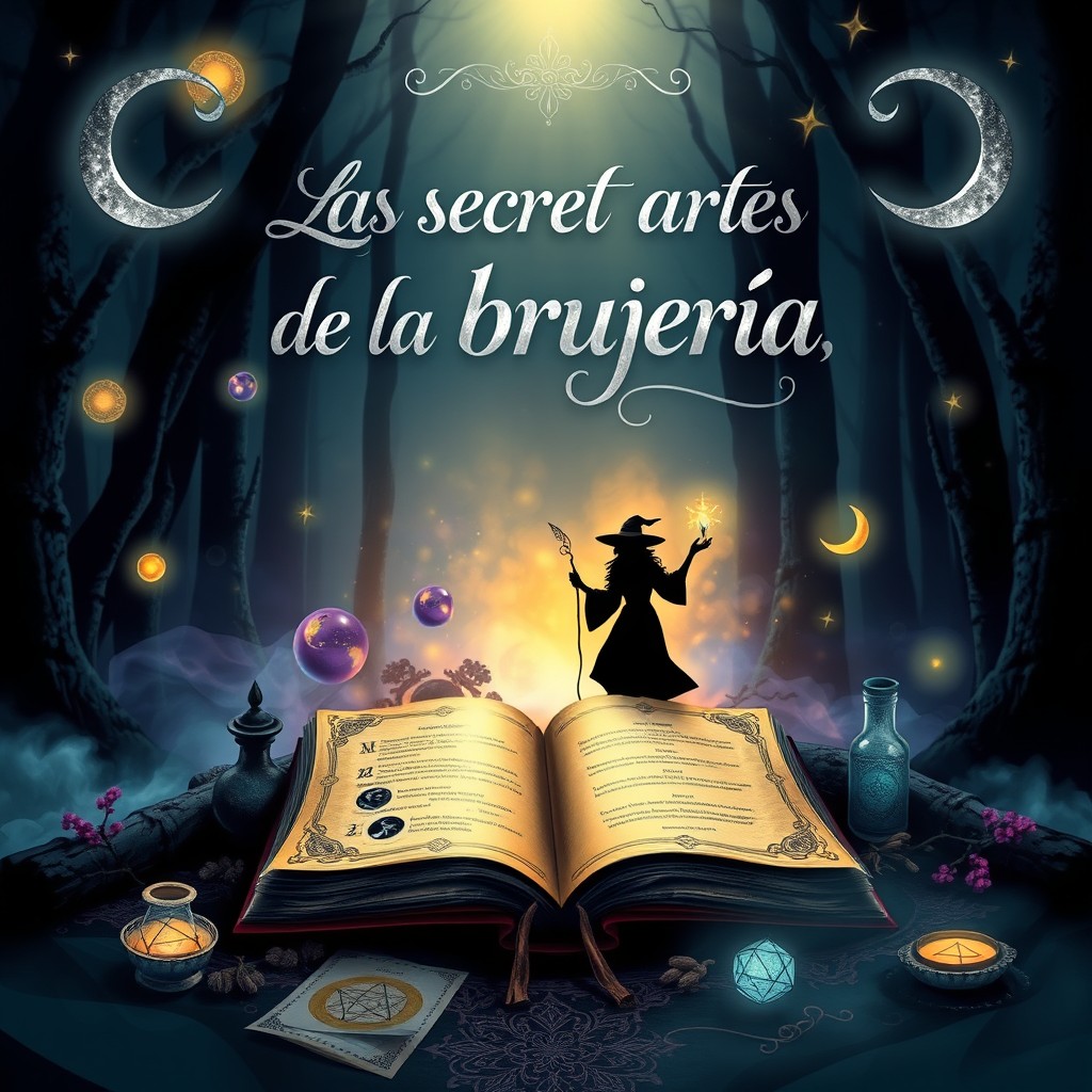 A mystical and enchanting book cover for a witchcraft-themed book titled 'Las secretas artes de la brujería'