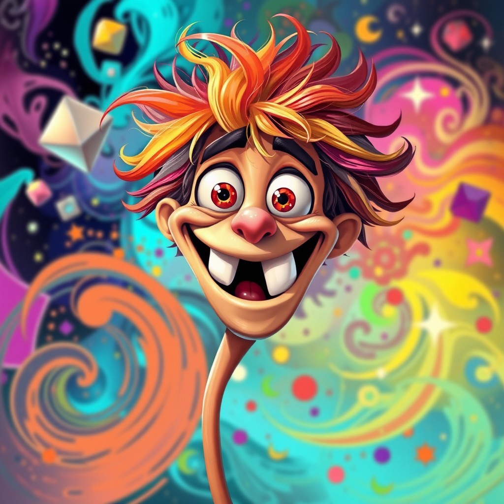 A vibrant and whimsical depiction of a grinning character with exaggerated features, such as oversized teeth and bright, expressive eyes