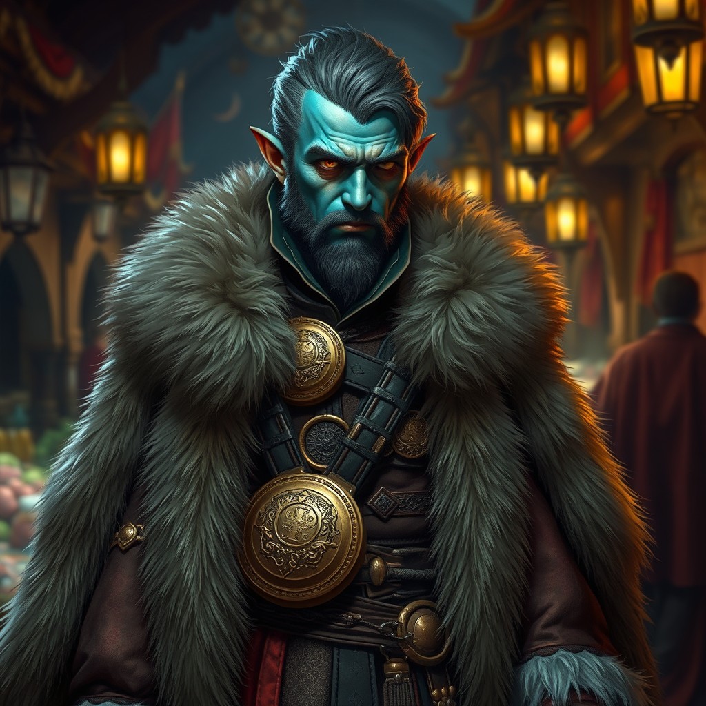 A fantasy character with grungy blue and green skin, wearing rich medieval clothing adorned with intricate designs