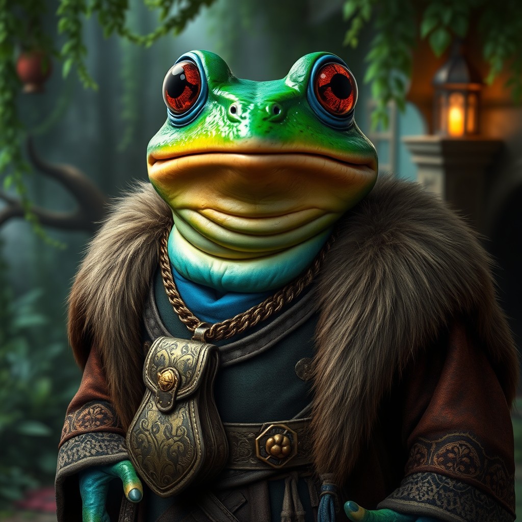A fantastical grungy frog creature with vibrant blue and green skin, dressed in rich medieval clothing that features ornate patterns and textures