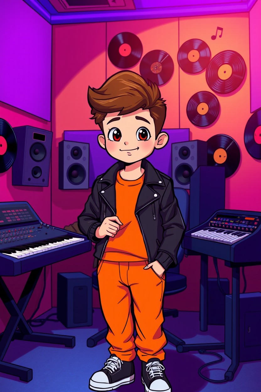 A cartoon boy in a vibrant music production studio setup, featuring soundproof panels, a keyboard, a sound mixer, and vinyl records adorning the walls