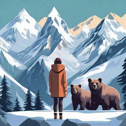 A bold girl standing confidently between two towering, snow-capped mountains with a few majestic bears lingering peacefully in the surroundings.