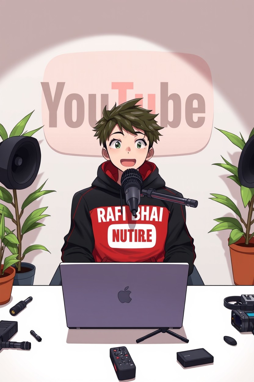 An anime boy sitting at a computer desk, wearing a stylish black and red hoodie with the channel name 'RAFI BHAI' prominently displayed on it