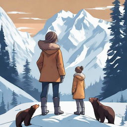 A bold girl standing confidently between two towering, snow-capped mountains with a few majestic bears lingering peacefully in the surroundings.