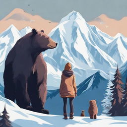 A bold girl standing confidently between two towering, snow-capped mountains with a few majestic bears lingering peacefully in the surroundings.