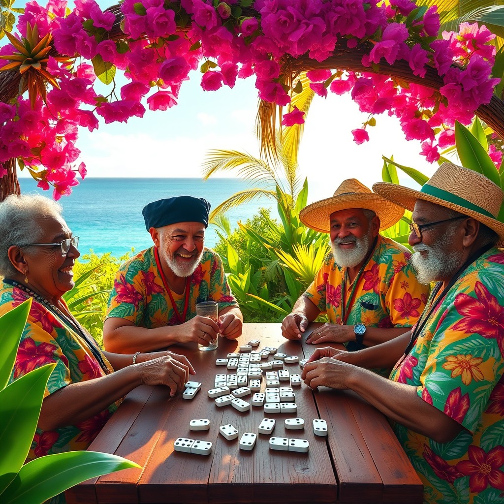 A lively scene depicting a group of elderly Caribbean individuals joyfully playing dominoes under a colorful, tropical setting in the Caribbean Islands