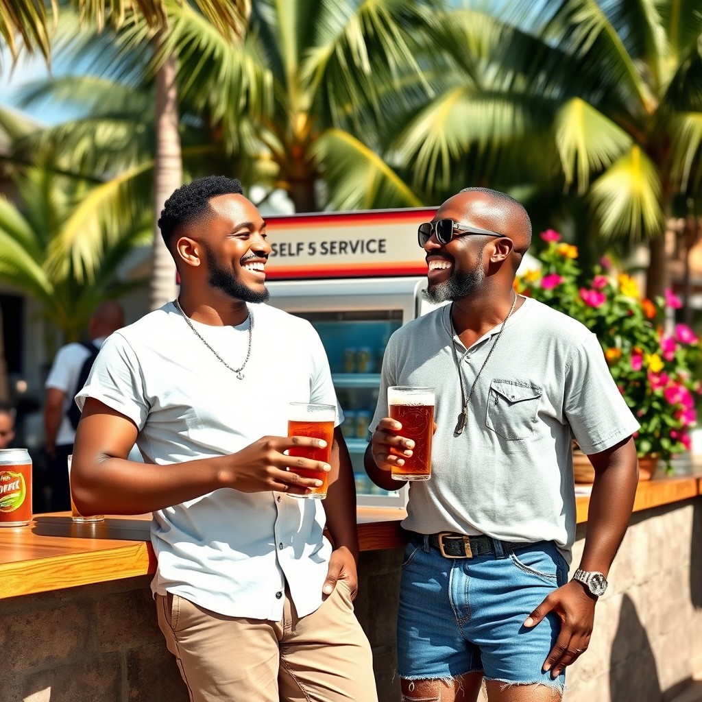 Two Caribbean men having a beer near a self-service area, enjoying their time with laughter and relaxed expressions