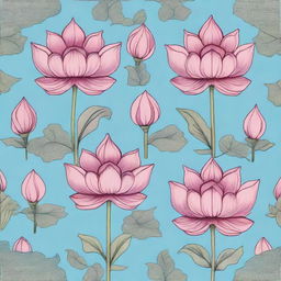 A clearly detailed tile pattern design featuring small dark pink lotuses with leaves, set against a sky blue background.