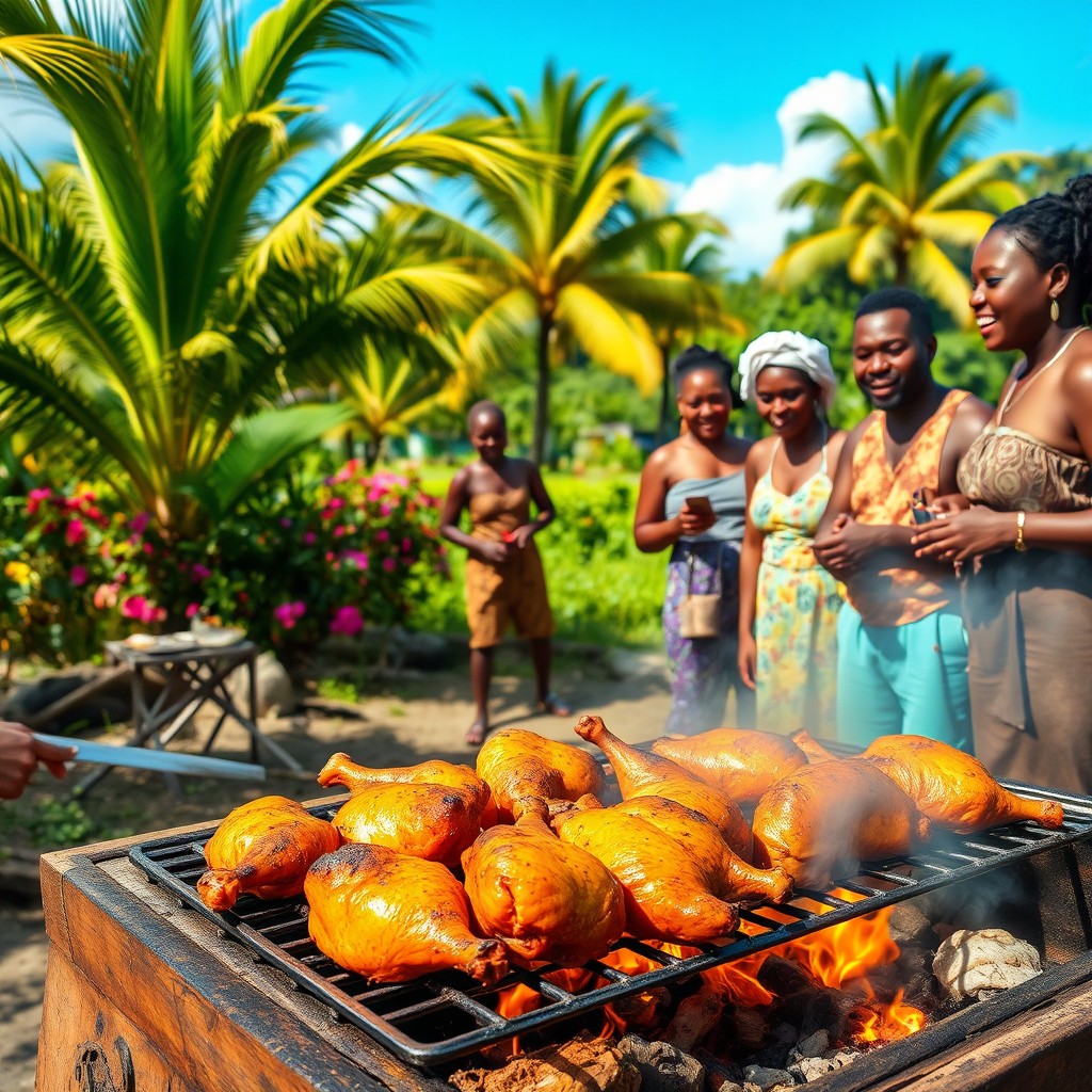 A picturesque scene of a chicken grillade being prepared in a lush Caribbean countryside