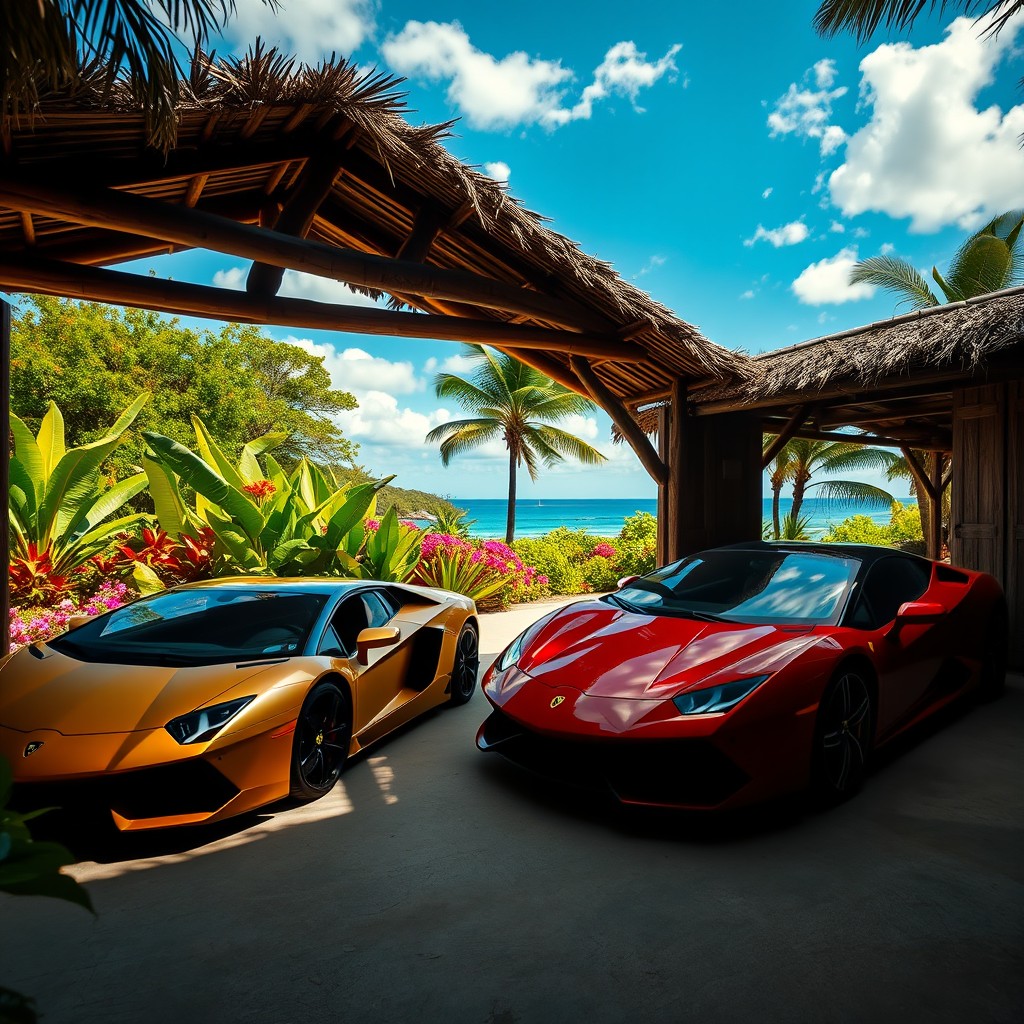 A Lamborghini and a Ferrari parked inside a rustic garage, surrounded by a picturesque Caribbean countryside