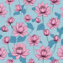 A clearly detailed tile pattern design featuring small dark pink lotuses with leaves, set against a sky blue background.