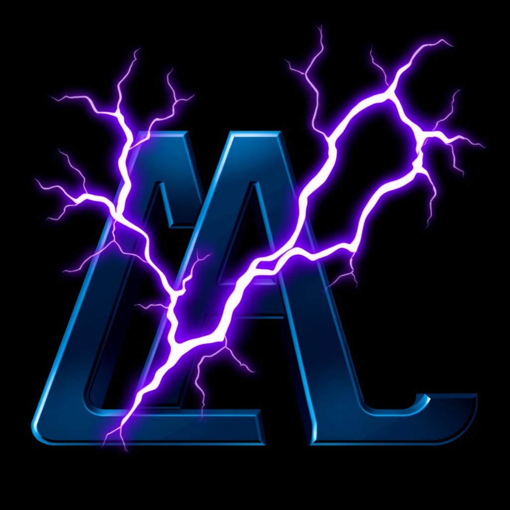 Stylized letter A in dark blue and black, with dynamic dark purple lightning bolts emanating from its edges