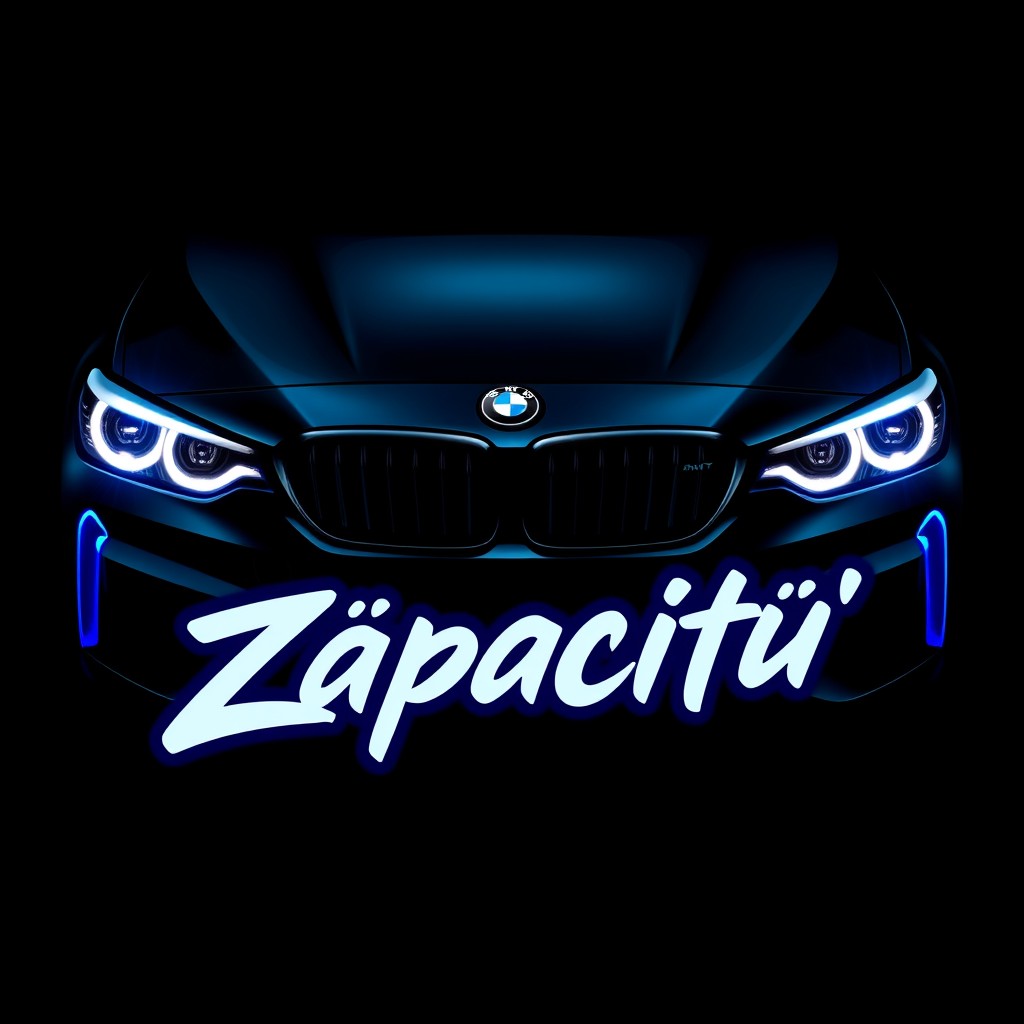 A modern and aggressive style logo featuring a sleek front view of a BMW car with bright LED lights illuminated, showcasing a dark, sporty atmosphere