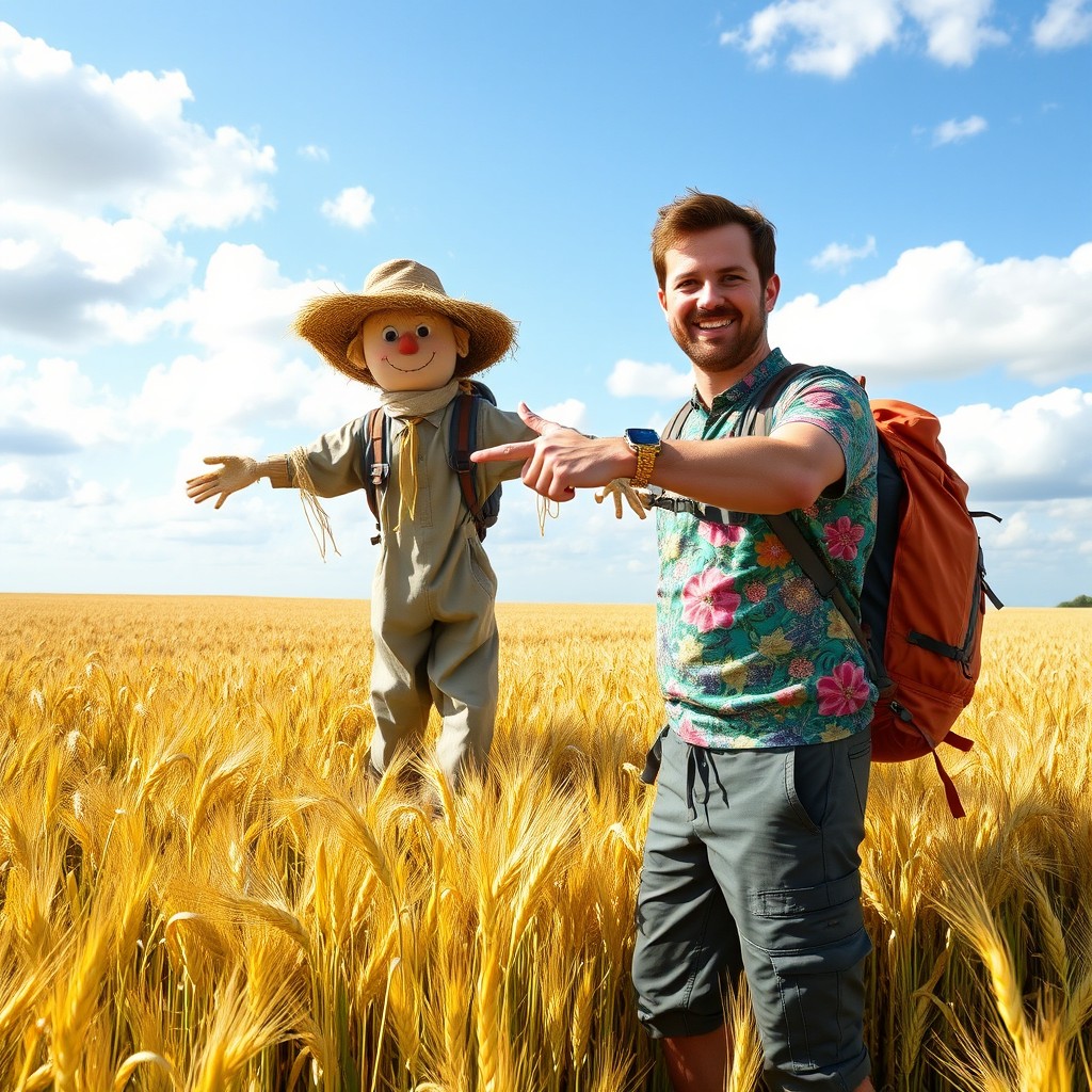 A 30-year-old hiker standing in a vast wheat field, pointing playfully at a scarecrow with a comically exaggerated expression