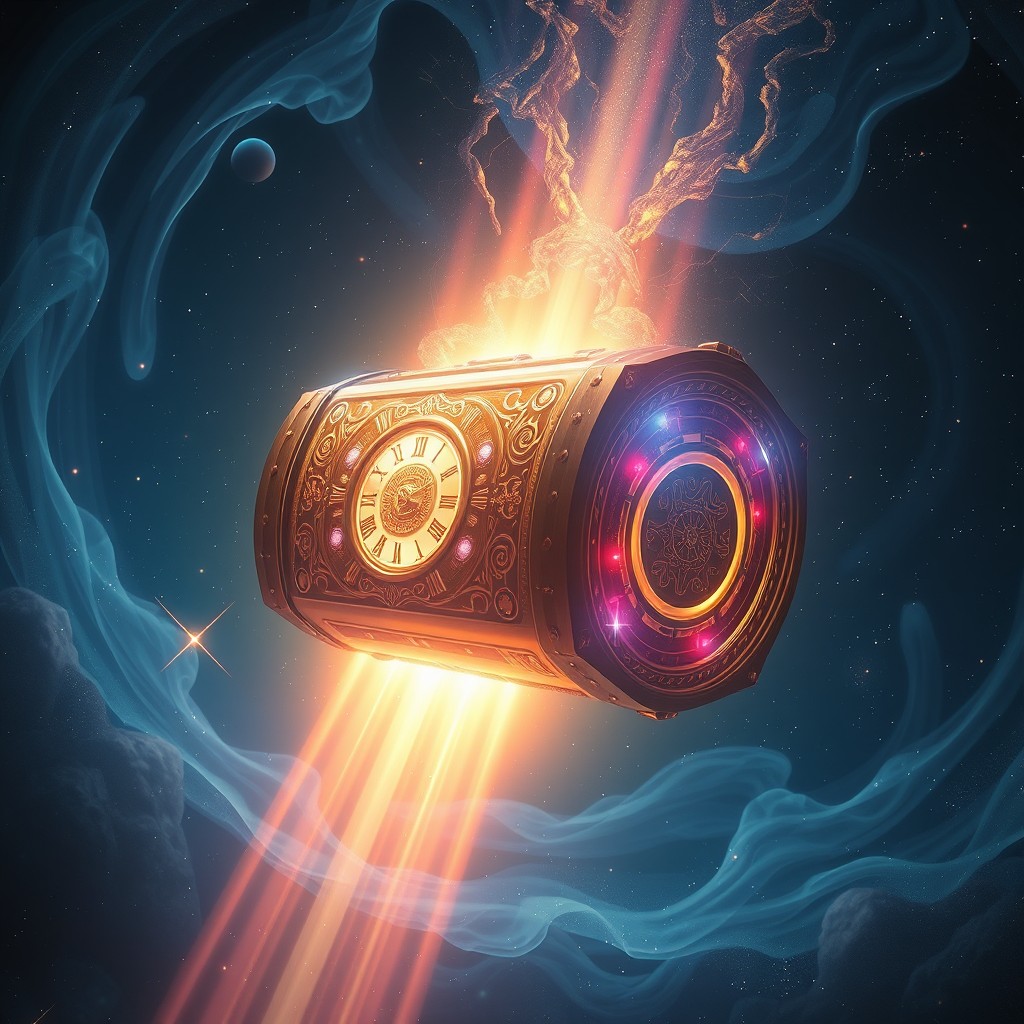 A mystical time capsule suspended in an ethereal void, surrounded by swirling cosmic energies and shimmering stardust