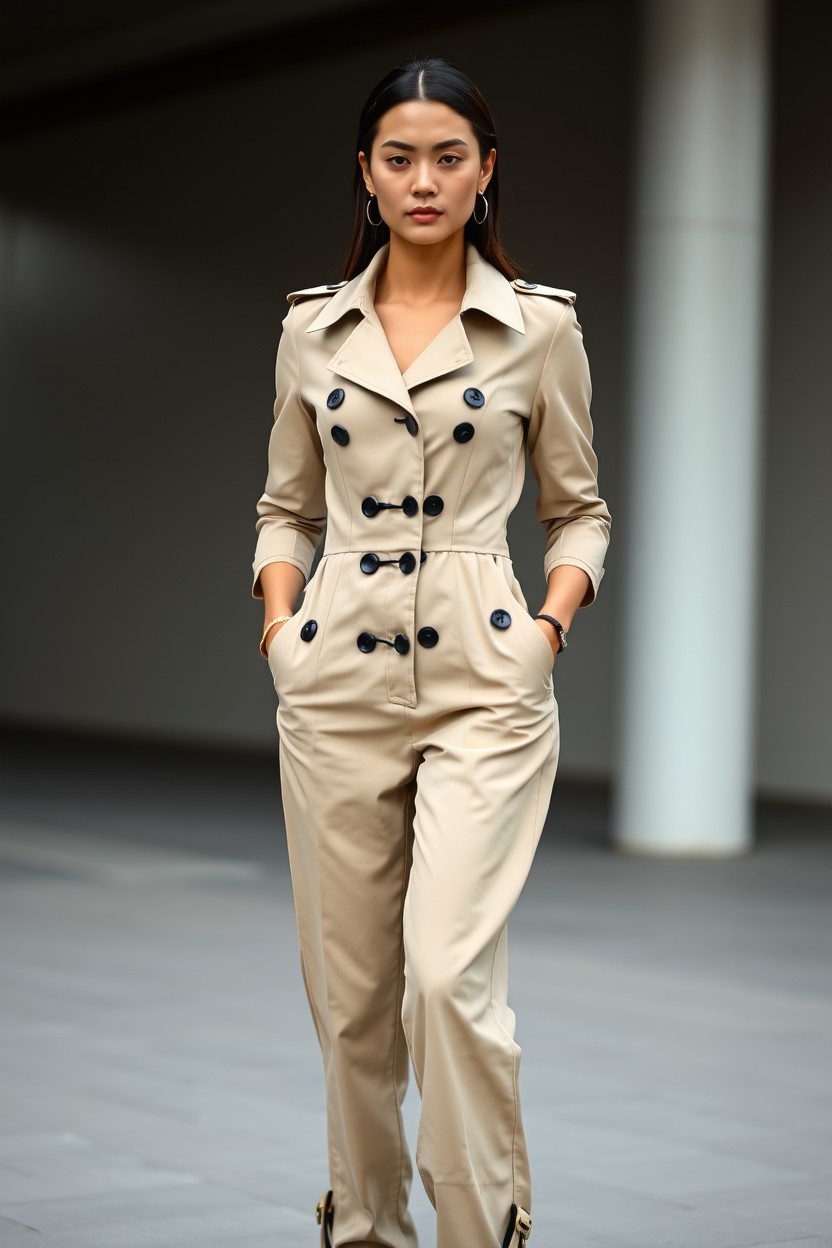 A full-length woman wearing a stylish Burberry trench-style jumpsuit, featuring elegant black buttons arranged in two rows down the front