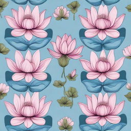 A clearly detailed tile pattern design featuring small dark pink lotuses with leaves, set against a sky blue background.