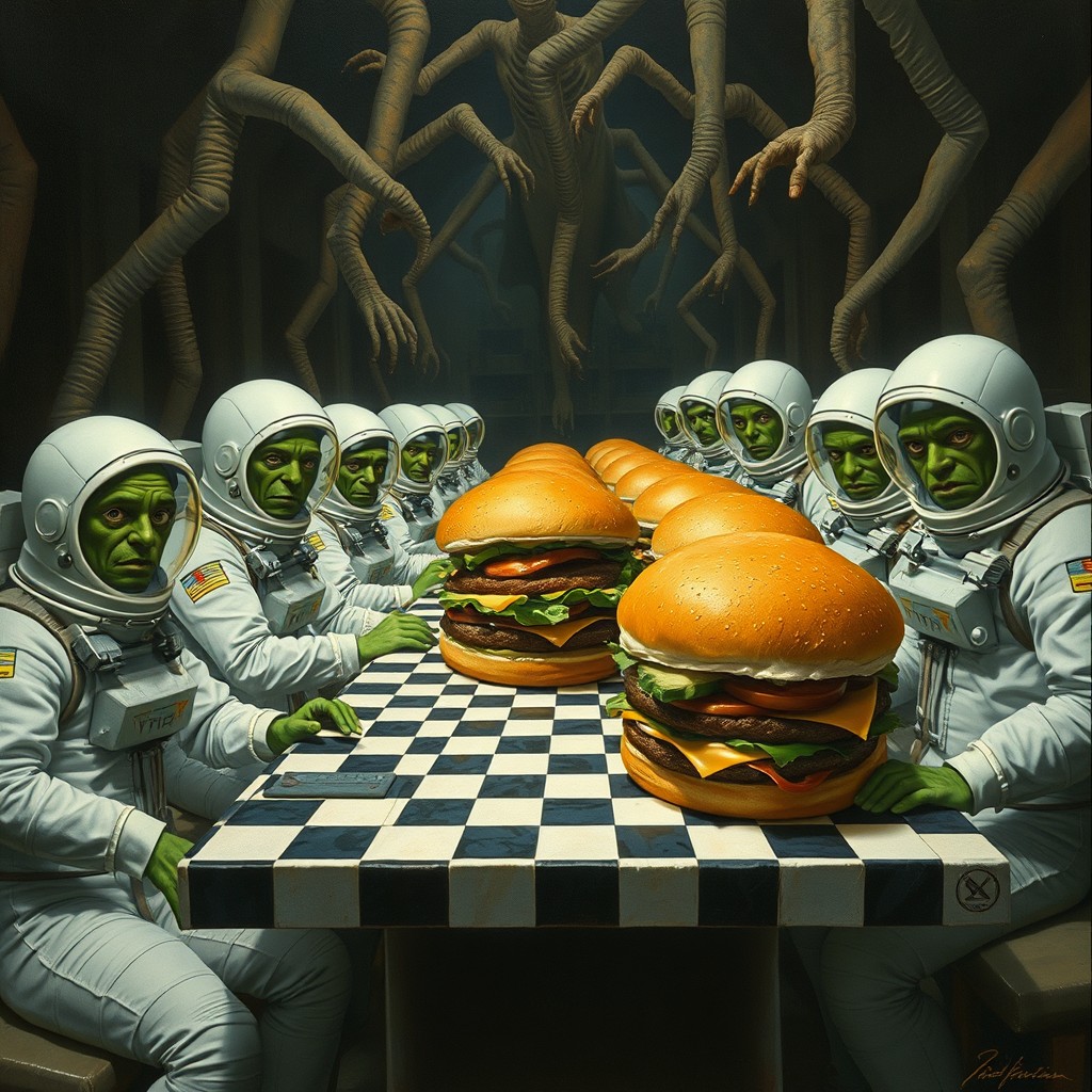 A surreal scene featuring green-skinned astronauts wearing vintage white astronaut suits, gathered around a long table filled with oversized, exaggerated hamburgers