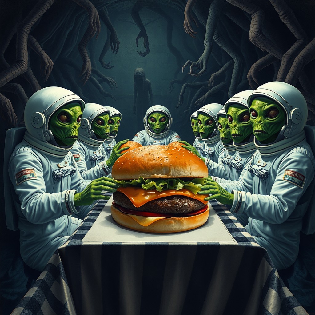 A surreal scene featuring green-skinned astronauts clad in vintage white astronaut suits, gathered around a long table