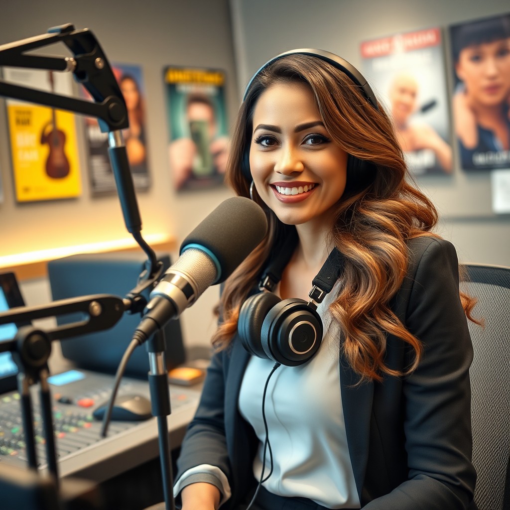 A middle-aged attractive Latina woman working at a radio station
