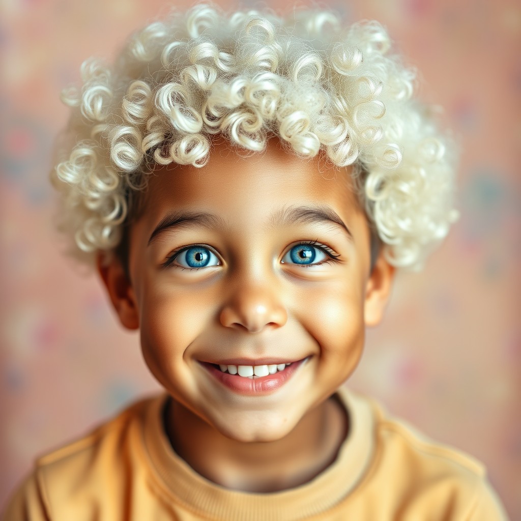 A portrait of a mixed-race 5-year-old boy with curly, fluffy white hair classified as 2A and 3A in texture, featuring striking icy blue eyes