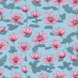 A clearly detailed tile pattern design featuring small dark pink lotuses with leaves, set against a sky blue background.