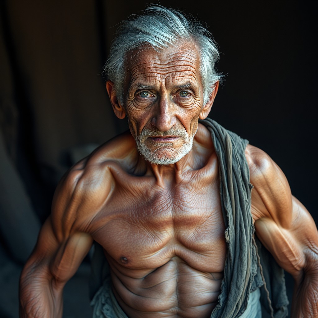A very old man, 90 years of age, with a wise and weathered face showing deep wrinkles and grey hair, dressed in ragged clothing that barely fits