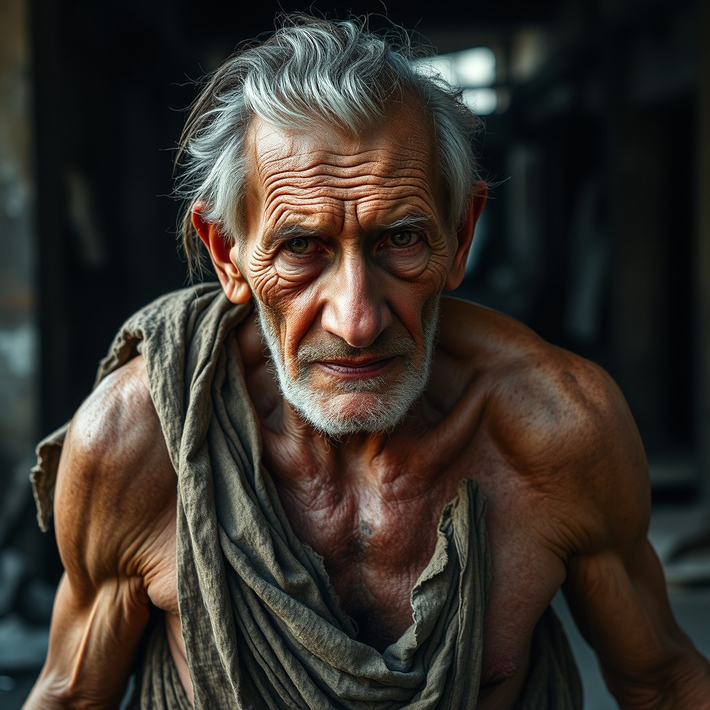 A very old man, around 90 years old, wearing tattered rags that hint at his surprisingly large muscles beneath