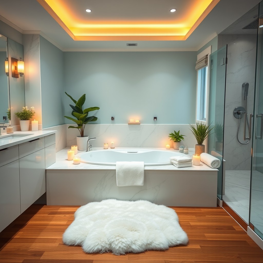 A modern, luxurious bathroom featuring a large soaking tub surrounded by fragrant candles and soft towels