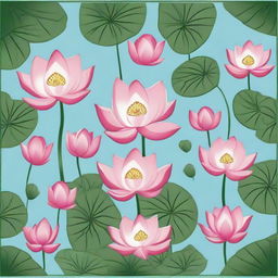 An enhanced, detailed tile pattern design depicting small dark pink lotuses with vibrant green leaves on a sky blue background.