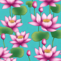 An enhanced, detailed tile pattern design depicting small dark pink lotuses with vibrant green leaves on a sky blue background.