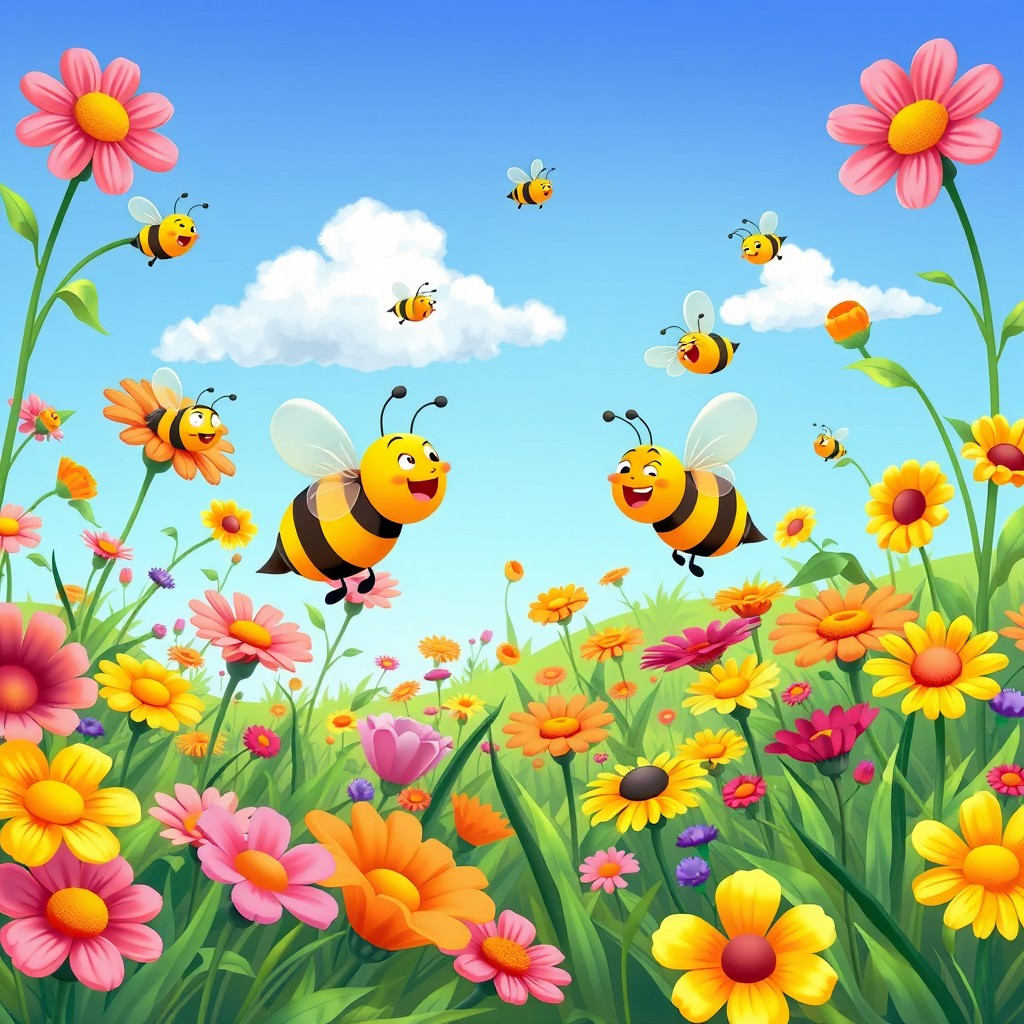 A vibrant cartoon scene depicting playful bees buzzing joyfully from one colorful flower to another in a stunning flower garden