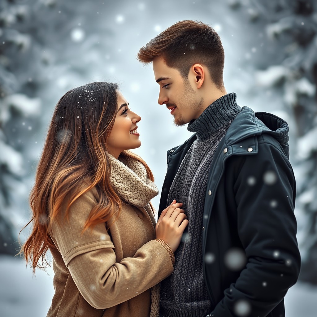 A young couple standing closely together in a snowy landscape, gazing into each other's eyes with warmth and affection