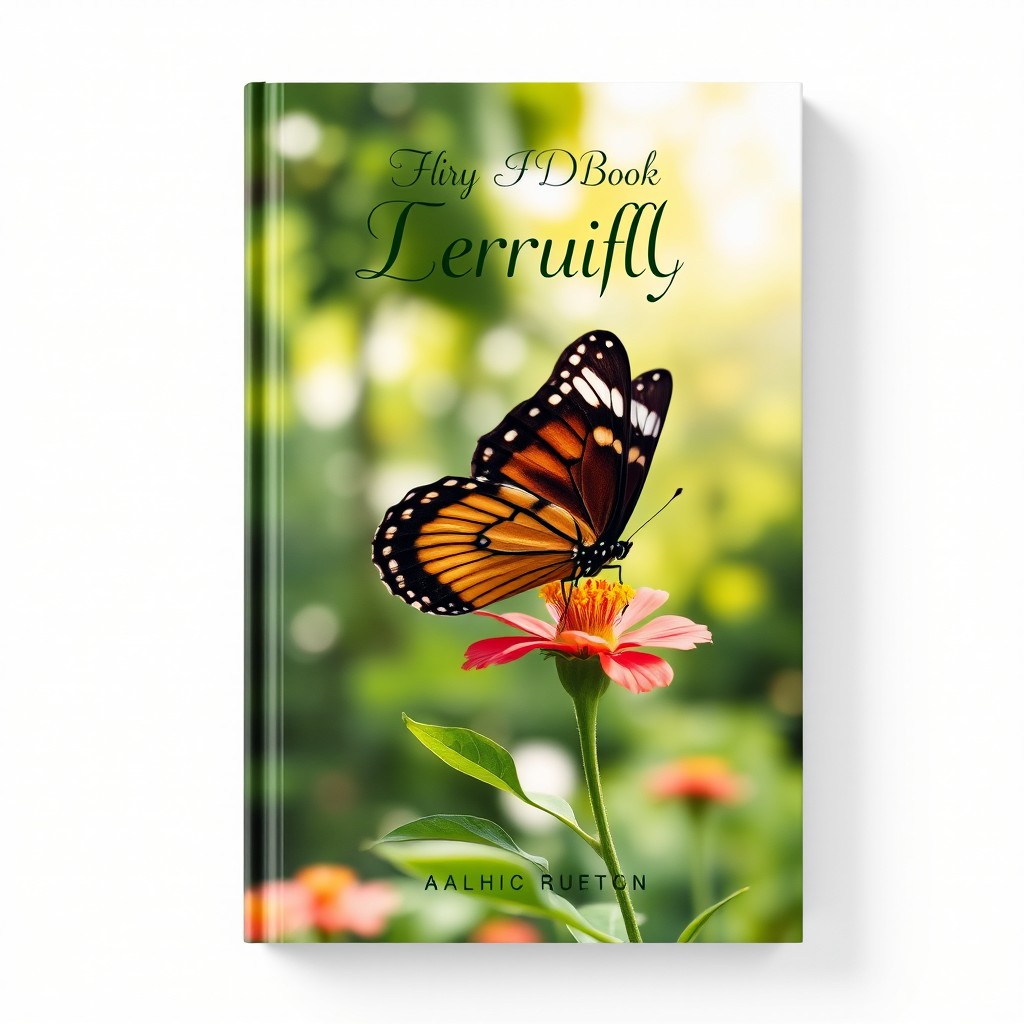 A captivating book cover design featuring a realistic butterfly perched on a vibrant flower in its natural habitat