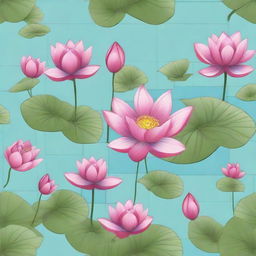 An enhanced, detailed tile pattern design depicting small dark pink lotuses with vibrant green leaves on a sky blue background.