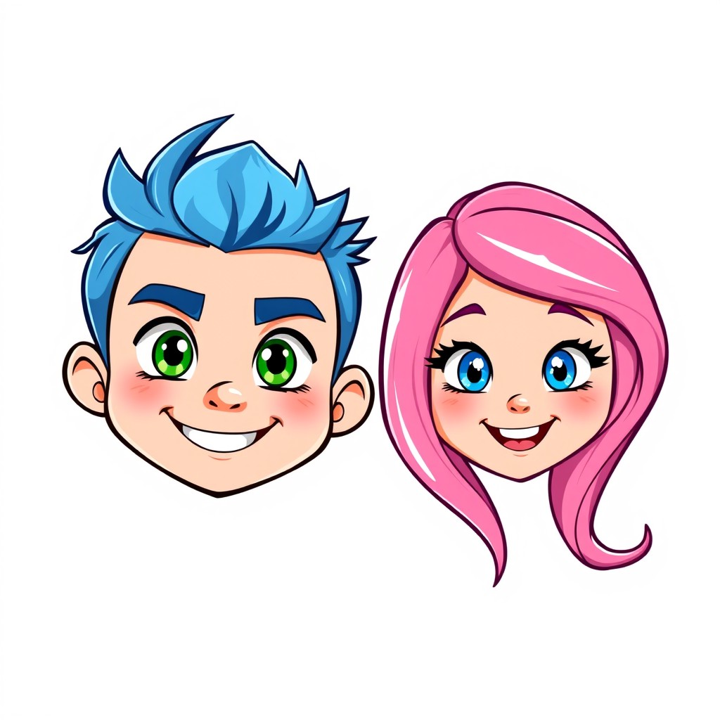 A vibrant and playful illustration featuring sprite-style faces of a boy and a girl