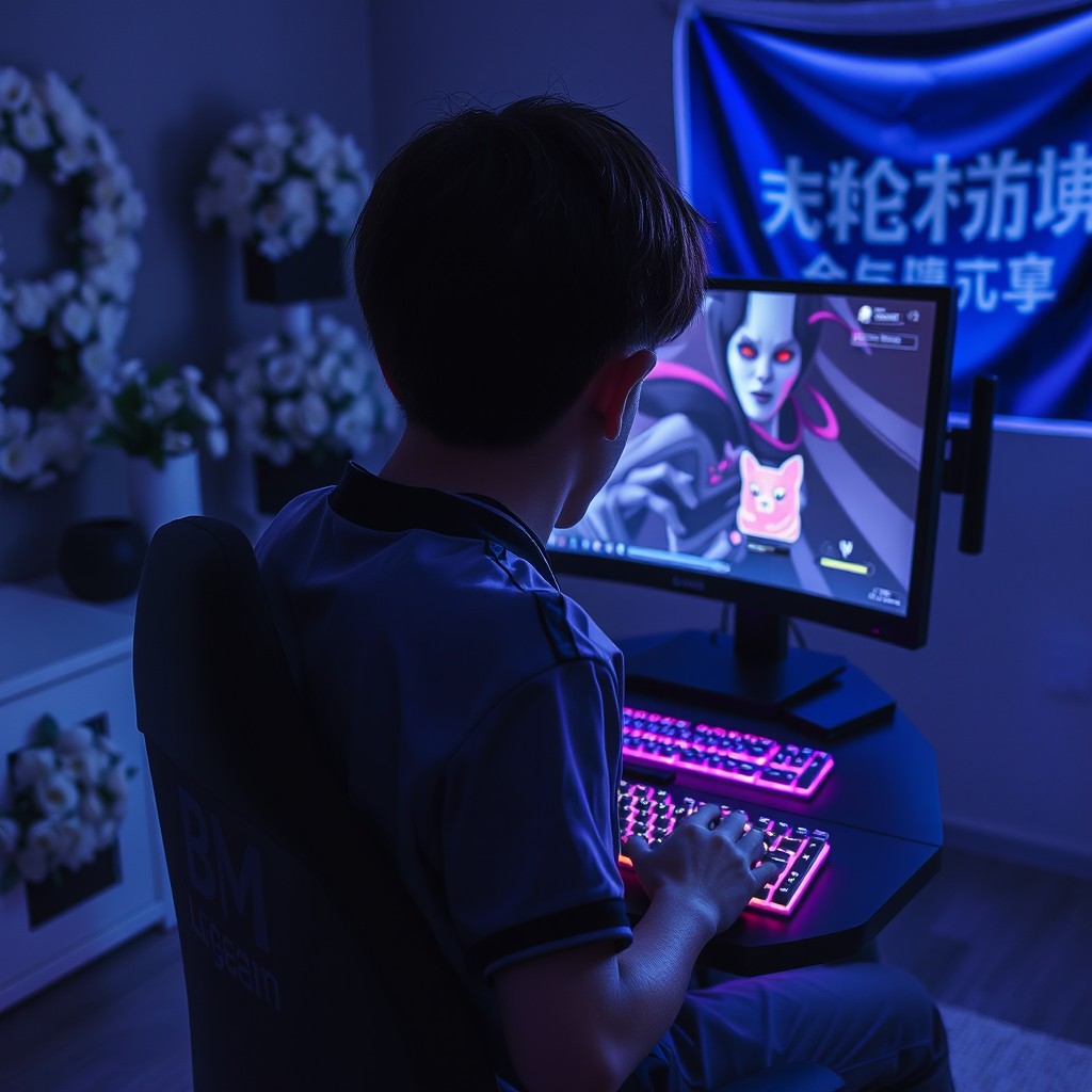 A surreal visual merging of a 'funeral home' and 'esports', showcasing a high-concept and eerie atmosphere that emphasizes the themes of 'corpse transformation rules' and 'revenge'