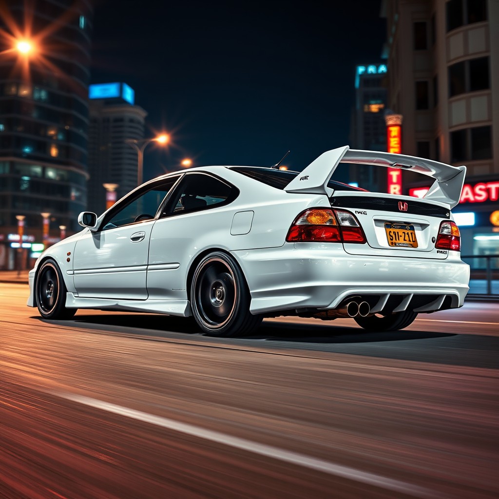 A stunning white 1997 Honda Civic Type R prominently displayed in a dynamic setting