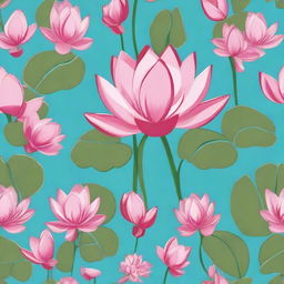 An enhanced, detailed tile pattern design depicting small dark pink lotuses with vibrant green leaves on a sky blue background.