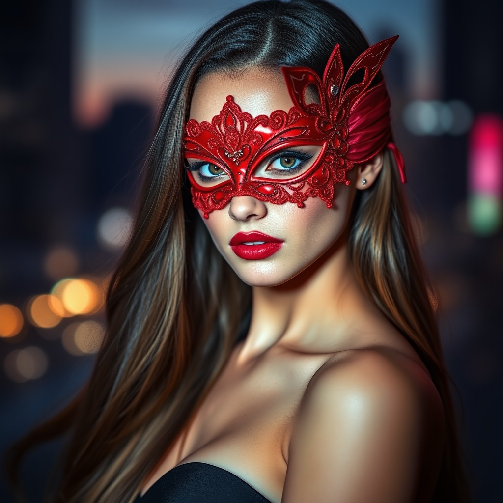 A stunning young woman wearing a vibrant red mask that covers her eyes, showcasing an intriguing expression