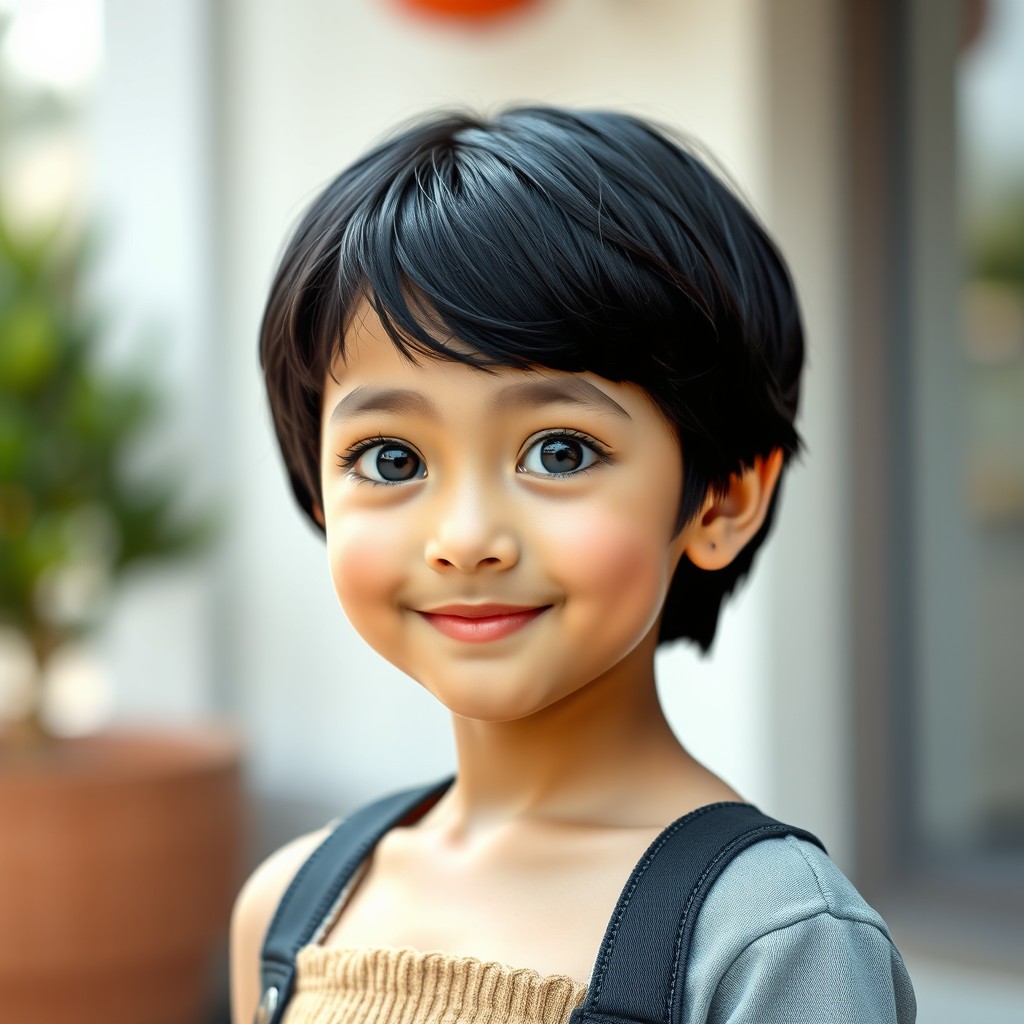 A portrait of a cute girl with black short hair and long, expressive eyes, showcasing her youthful charm