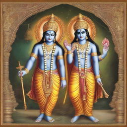 Lord Rama and Lord Krishna, two epic figures from Hindu mythology, depicted together. Both are adorned in traditional attire, sharing wisdom, with a backdrop depicting elements of spirituality and divinity.