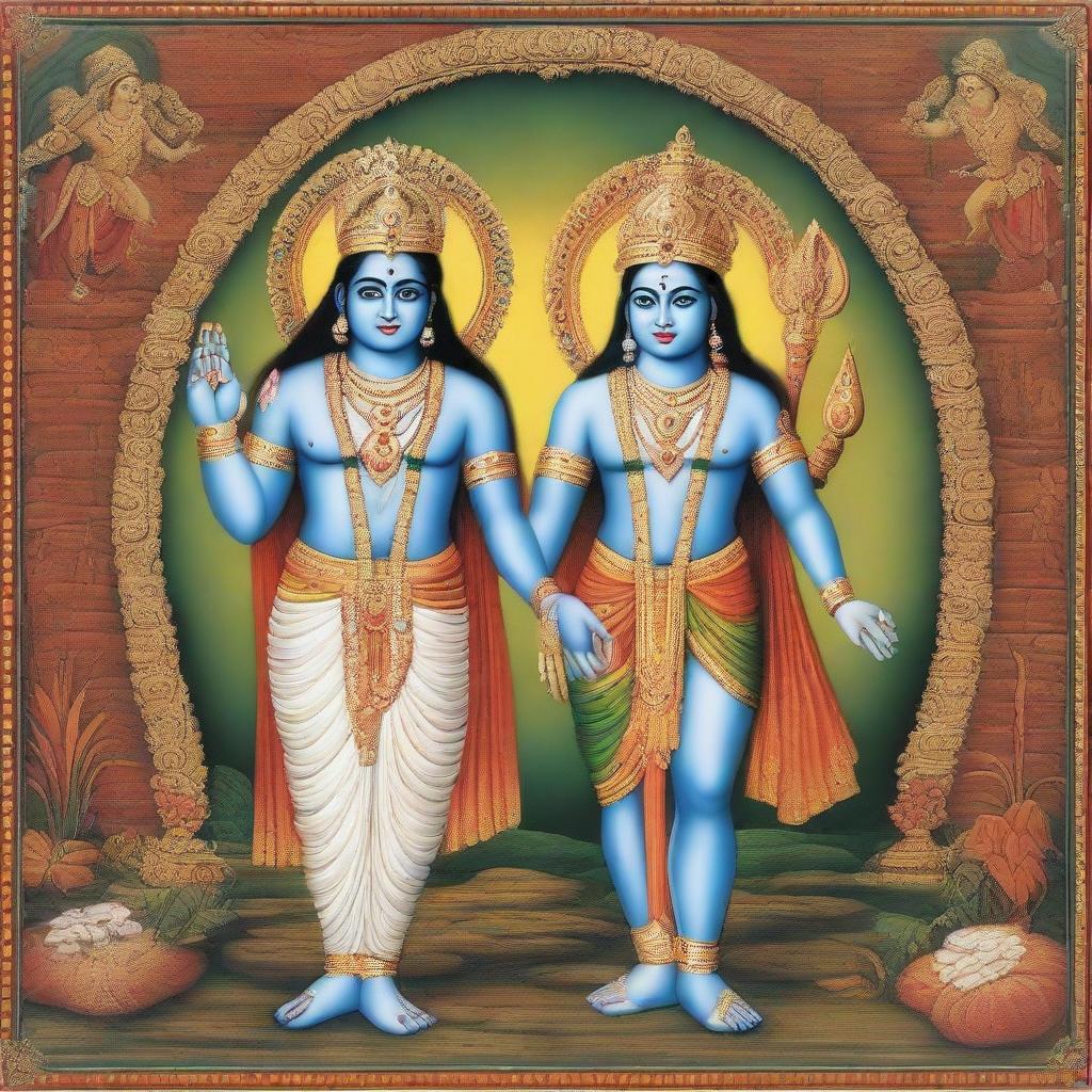 Lord Rama and Lord Krishna, two epic figures from Hindu mythology, depicted together. Both are adorned in traditional attire, sharing wisdom, with a backdrop depicting elements of spirituality and divinity.