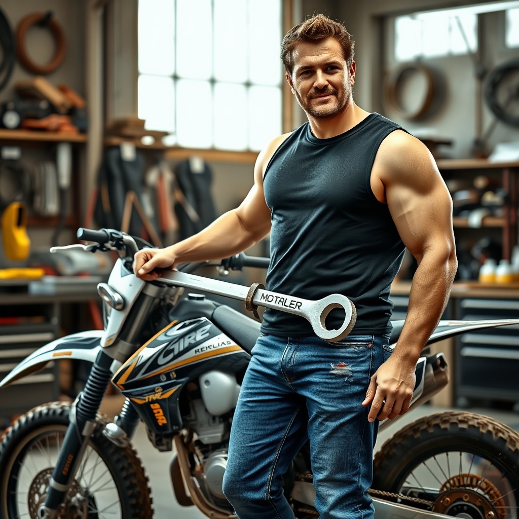 A realistic high-resolution image of a man standing in a motorcycle repair shop next to a motocross bike with muddy tires