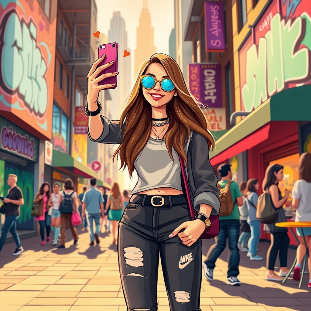A vibrant and colorful digital illustration of a charismatic influencer standing confidently in a trendy urban environment